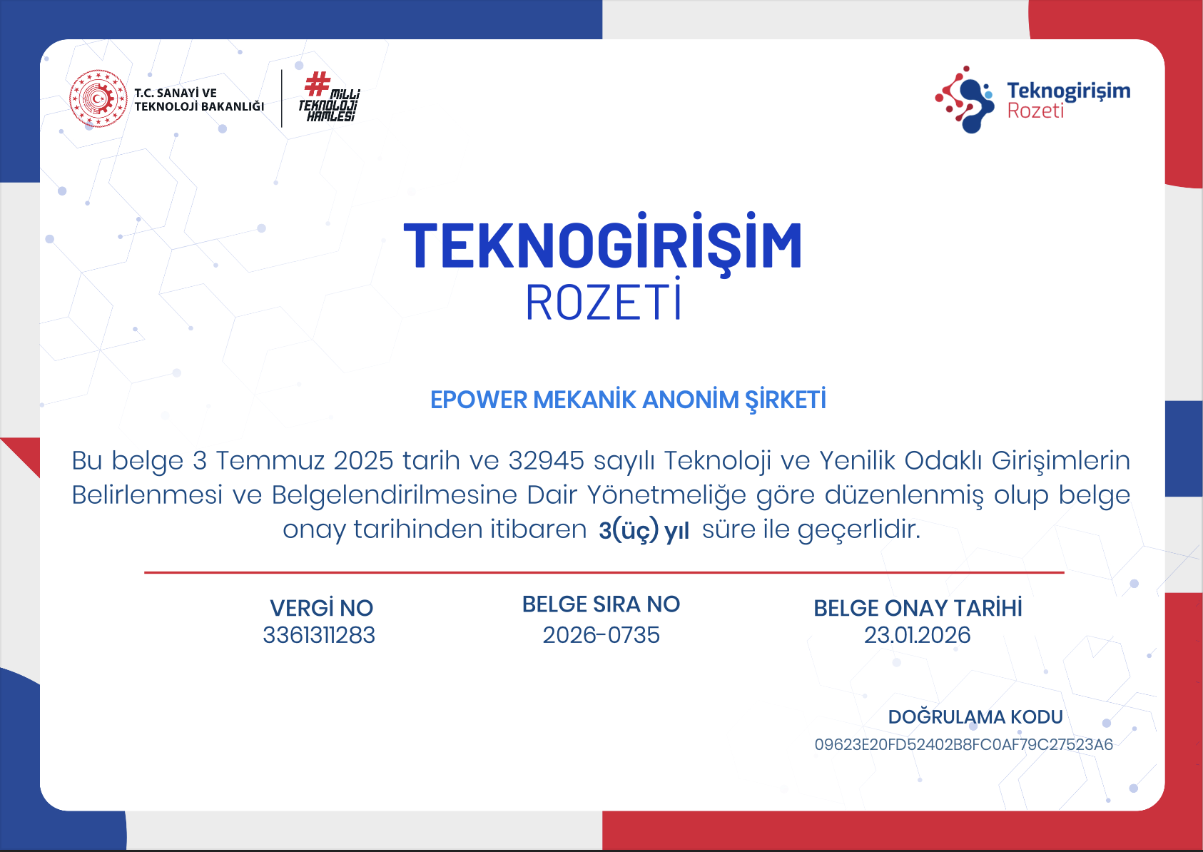 E-Power Mekanik’in Yenilikçi Vizyonu T.C. Sanayi ve Teknoloji Bakanlığı Tarafından Tescillendi